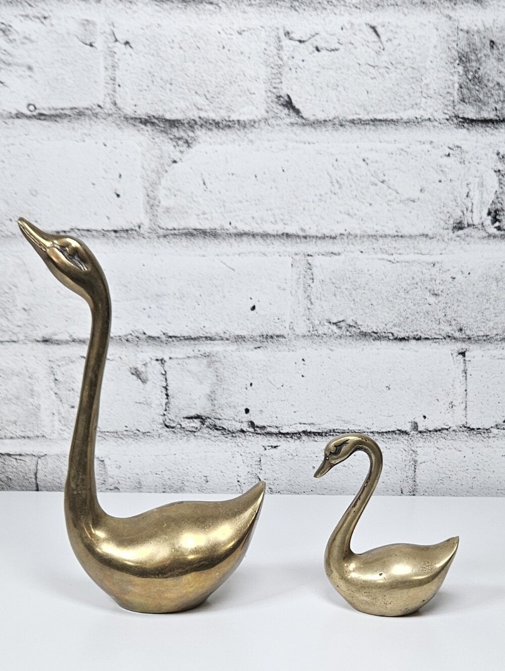 Vintage Brass Swan Figurines Set of 2 Large Small Gold Tone Bird Decor